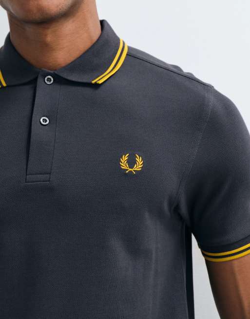 Fred Perry twin tipped polo shirt in dark grey with gold tipping , 3 of 5