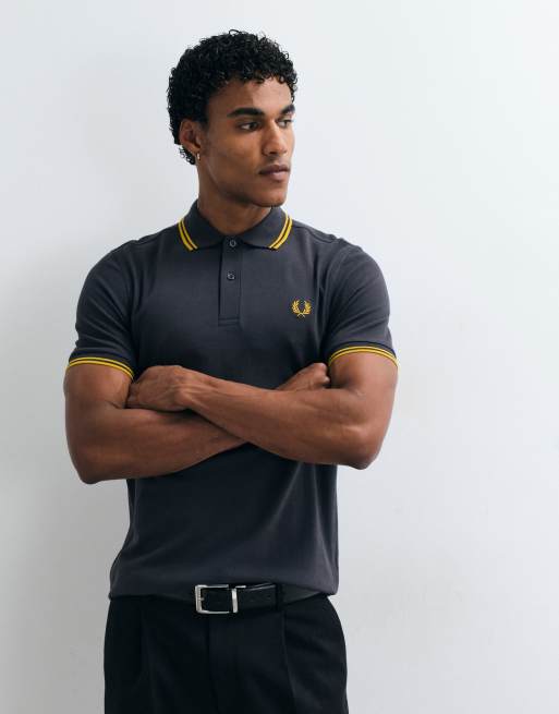 Fred Perry twin tipped polo shirt in dark grey with gold tipping , 4 of 5
