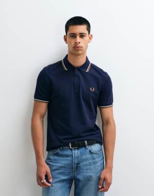 Fred Perry twin tipped polo shirt in dark navy with ecru and tan tipping