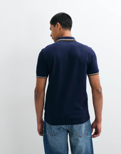 Fred Perry twin tipped polo shirt in dark navy with ecru and tan tipping , 5 of 5
