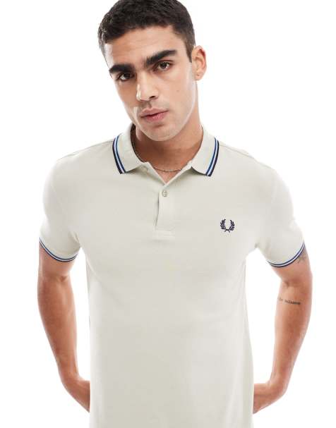 Fred Perry twin tipped polo shirt in ecru and blue - view 1