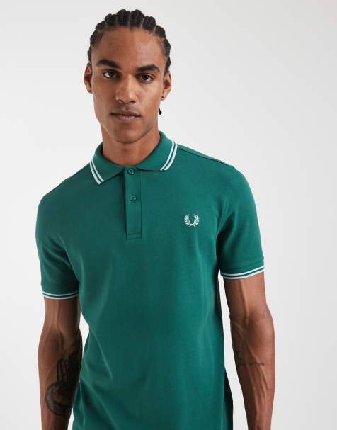 Fred Perry twin tipped polo shirt in green with blue and cream tipping - view 1