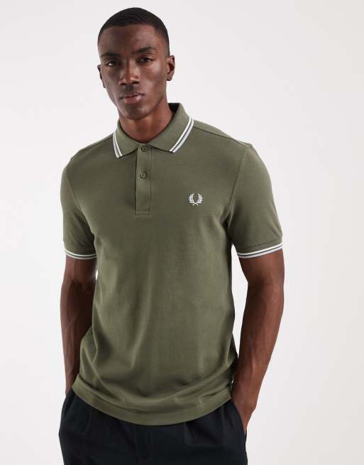 Fred Perry twin tipped polo shirt in khaki with light blue tipping, 3 of 5
