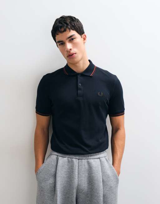 Fred Perry Twin tipped polo shirt in navy with burgundy and brown tipping , 3 of 5