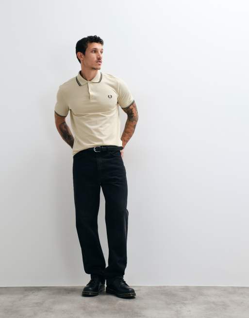 Fred Perry twin tipped polo shirt in oatmeal with dark green tipping , 3 of 5