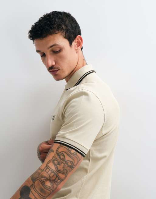 Fred Perry twin tipped polo shirt in oatmeal with dark green tipping , 4 of 5