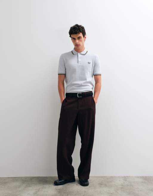Fred Perry twin tipped polo shirt in pale blue with tan and green tipping , 2 of 5