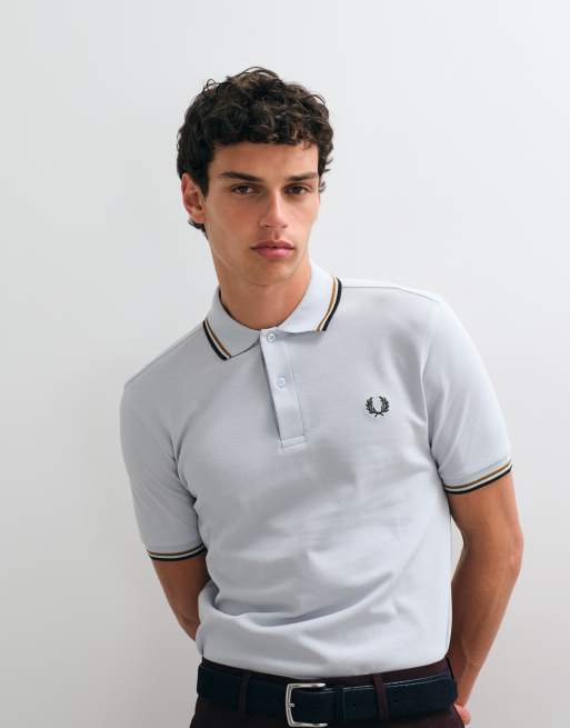 Fred Perry twin tipped polo shirt in pale blue with tan and green tipping , 3 of 5