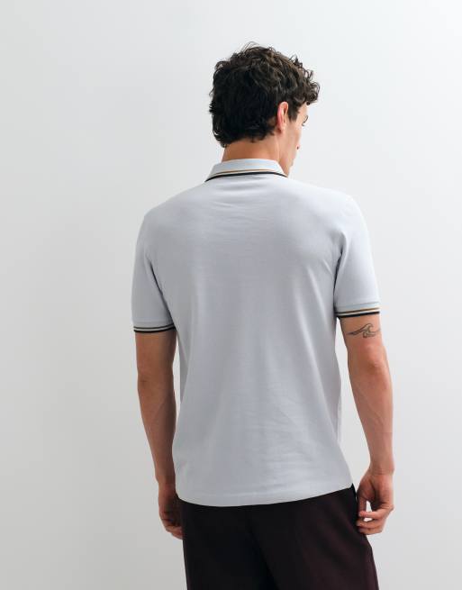 Fred Perry twin tipped polo shirt in pale blue with tan and green tipping , 4 of 5