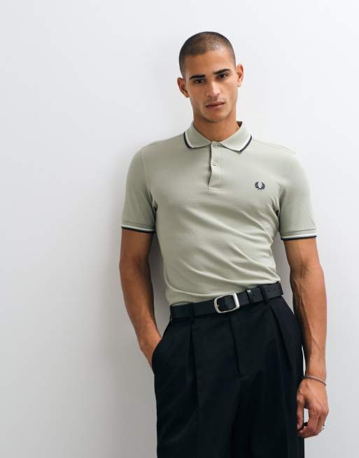 Fred Perry Twin tipped polo shirt in pale green with black and white tipping, 2 of 7