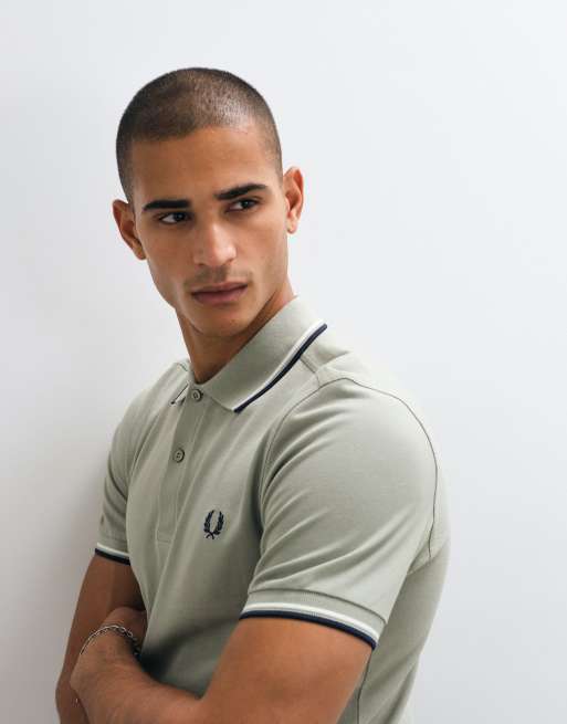 Fred Perry Twin tipped polo shirt in pale green with black and white tipping, 3 of 7