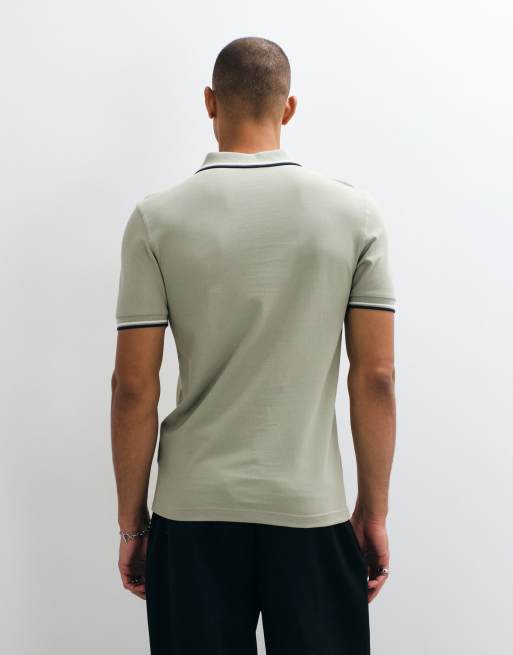 Fred Perry Twin tipped polo shirt in pale green with black and white tipping, 5 of 7