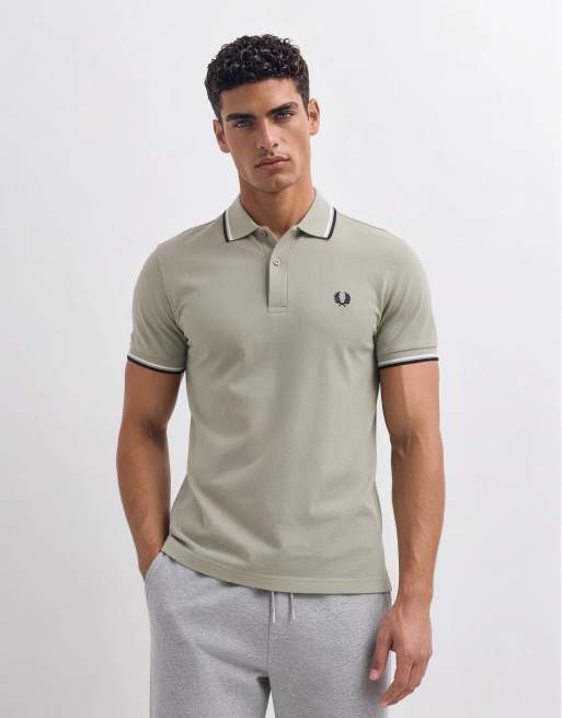 Fred Perry Twin tipped polo shirt in pale green with black and white tipping, 6 of 7