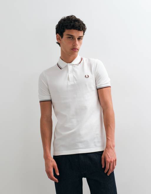 Fred Perry twin tipped polo shirt in white with blue and burgundy tipping , 2 of 5