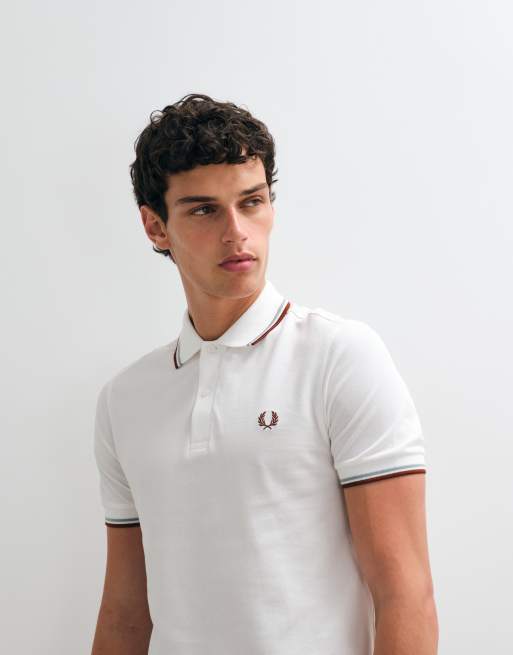 Fred Perry twin tipped polo shirt in white with blue and burgundy tipping , 4 of 5