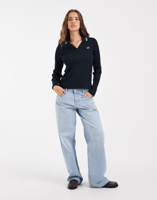 Fred Perry twin tipped ribbed long sleeve polo shirt in navy, 2 of 4