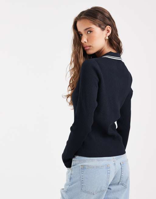 Fred Perry twin tipped ribbed long sleeve polo shirt in navy, 4 of 4