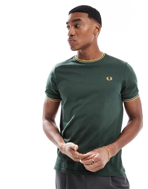 Tシャツ・カットソー FRED PERRY Men T Shirts FPM458054 X88 GREEN Embroidered T-Shirt - Olive Mint | Men's T-Shirts | Designer
