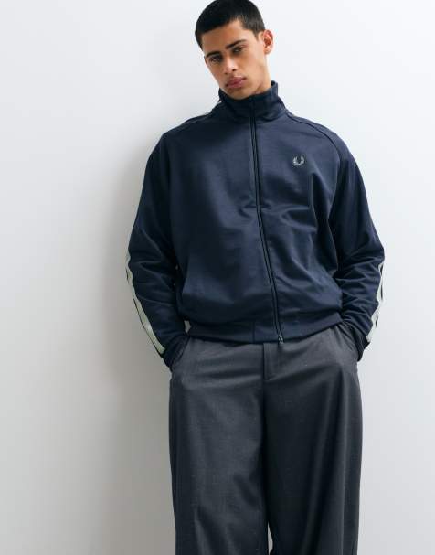 Fred Perry two tone mesh tape track jacket in dark airforce blue (part of a set) - view 1