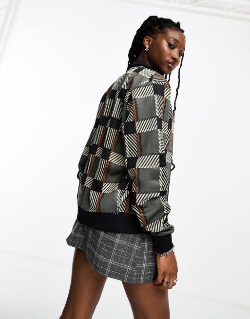 Fred Perry Unisex glitch tartan knitted jacket in field green