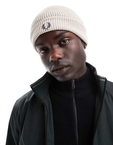 Fred Perry unisex waffle knit beanie in off white - view 1