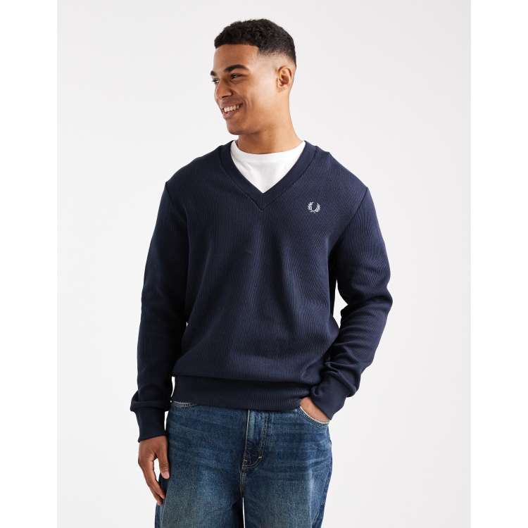 Fred Perry v neck ribbed sweatshirt in navy ASOS