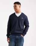 [Fred Perry] Fred Perry v neck ribbed sweatshirt in navy S NAVY