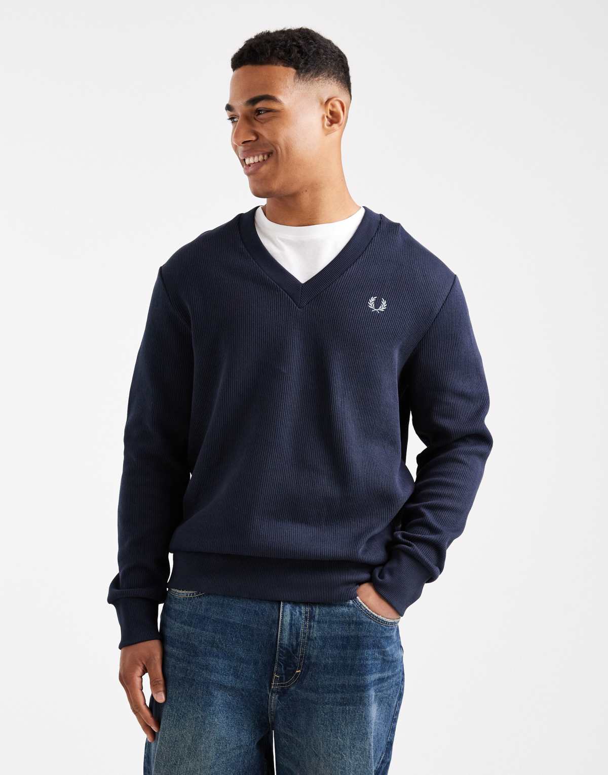 Fred Perry v neck ribbed sweatshirt in navy
