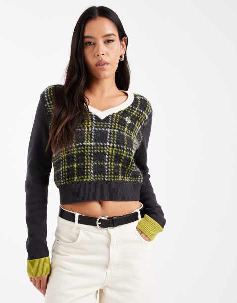 Fred Perry v-neck tartan jumper in dark grey