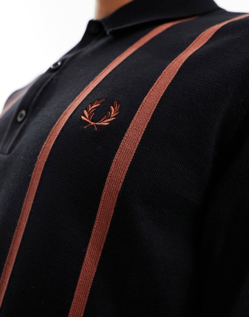 Fred Perry veritcal stripe knitted polo in black