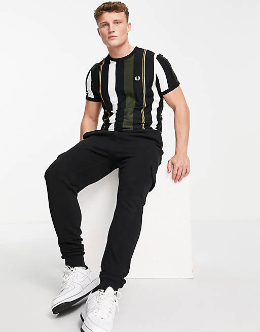 Designer Brands Fred Perry vertical colour block stripe t-shirt in black 