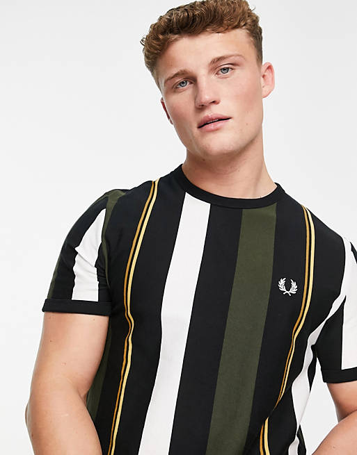 Designer Brands Fred Perry vertical colour block stripe t-shirt in black 