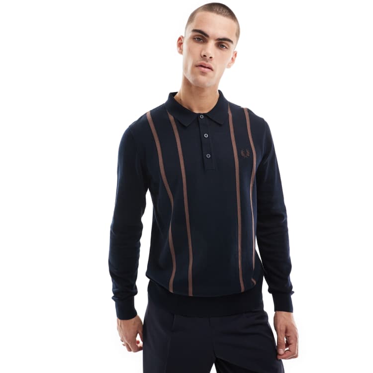 Fred Perry vertical stripe knitted long sleeve polo in navy | ASOS