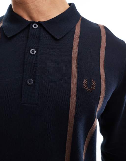 Fred Perry vertical stripe knitted long sleeve polo in navy