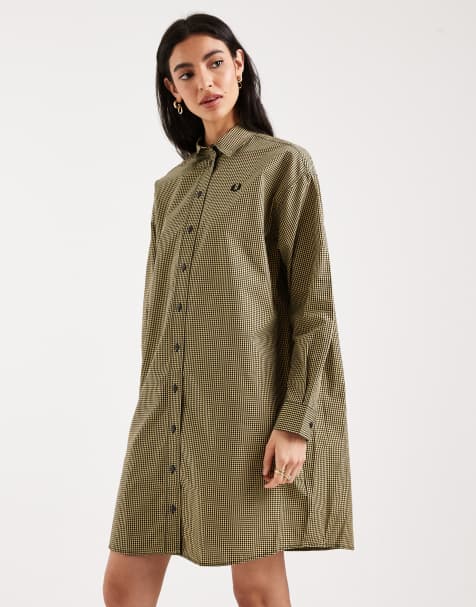 Fred Perry - Vestito camicia midi a maniche lunghe nero e oro a scacchi con logo - view 1