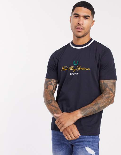 Fred Perry vintage logo t shirt with contrast ringer in navy ASOS