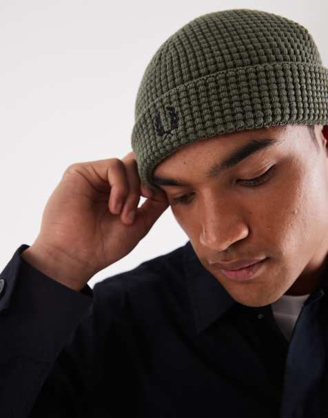 Fred Perry waffle beanie in khaki - view 2