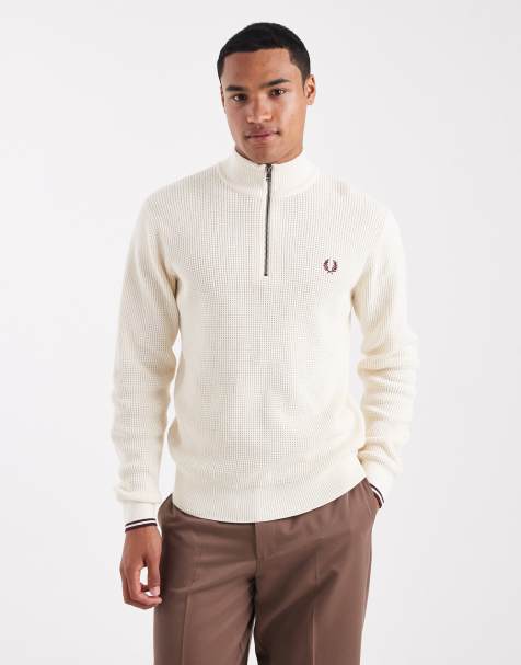 Fred Perry waffle half zip jumper in cream - view 1