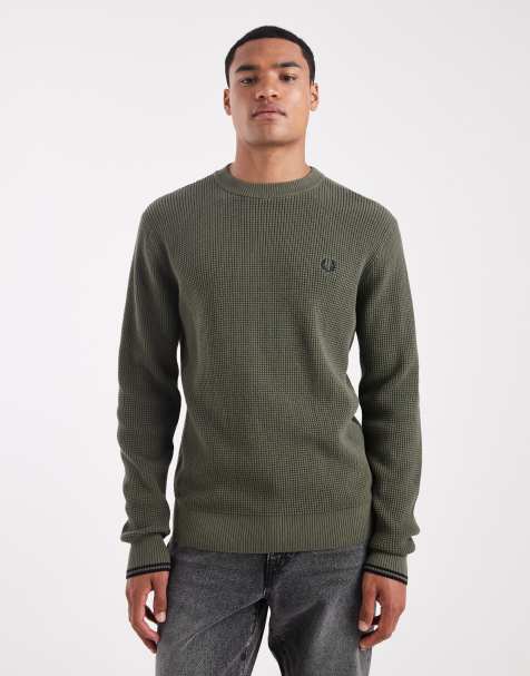 Fred Perry waffle jumper in khaki - view 1