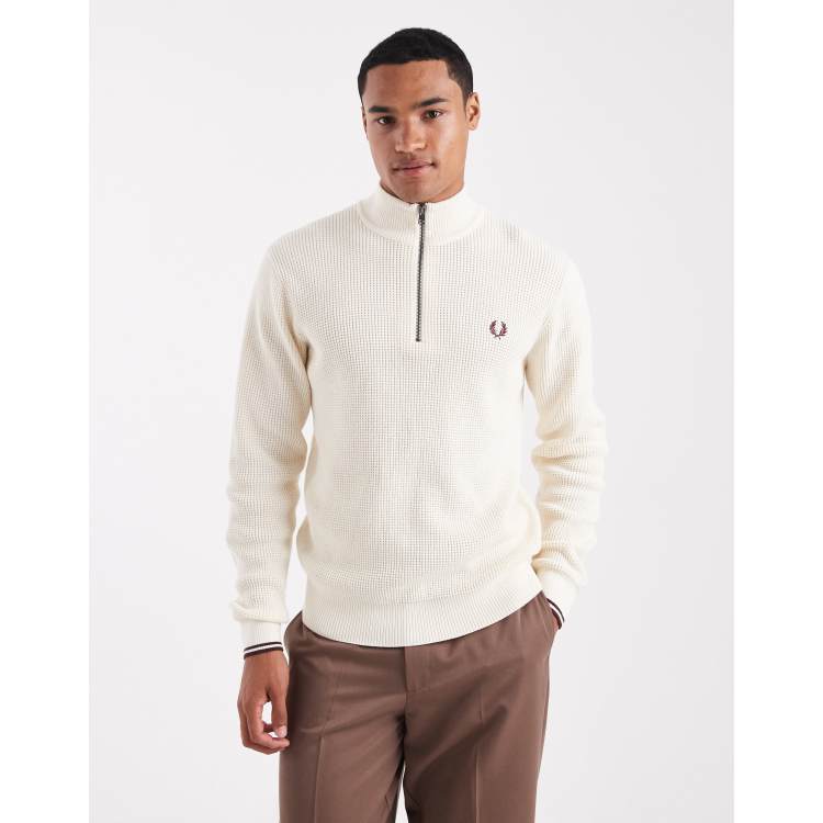 Fred Perry waffle knit half zip sweater in cream | ASOS
