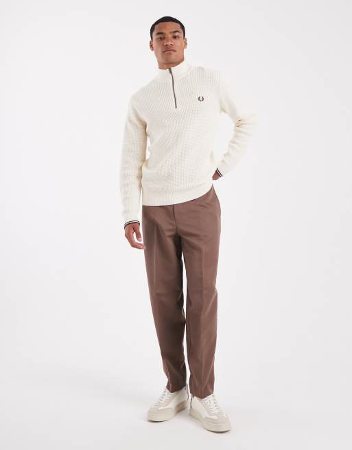 ハ*シ様 FRED PERRY Fred Perry waffle knit half zip sweater in cream | ASOS