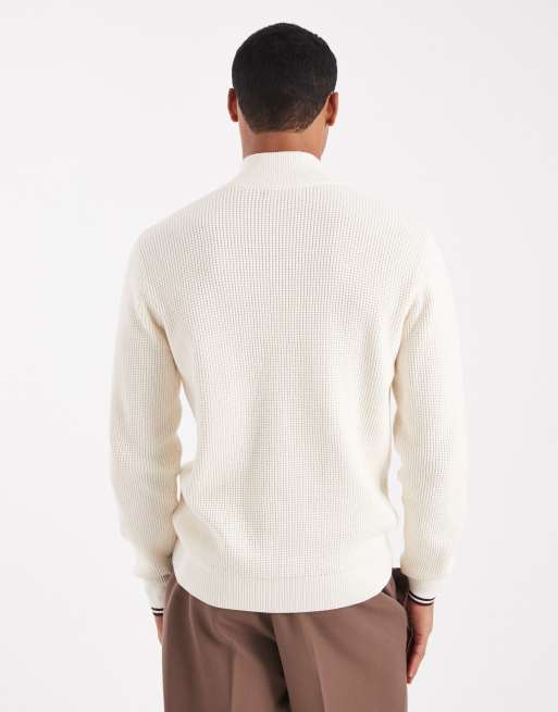 Fred Perry waffle knit half zip sweater in cream | ASOS