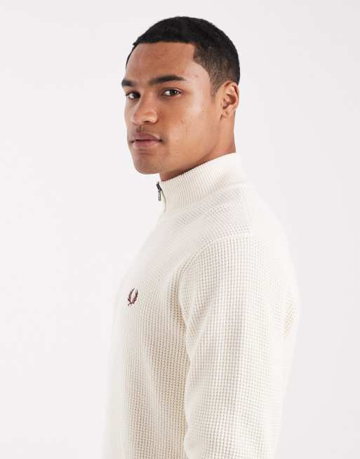 Fred Perry waffle knit half zip sweater in cream | ASOS