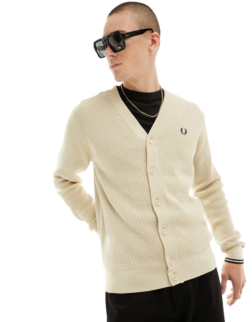 Fred Perry waffle stitch cardigan in oatmeal-Neutral