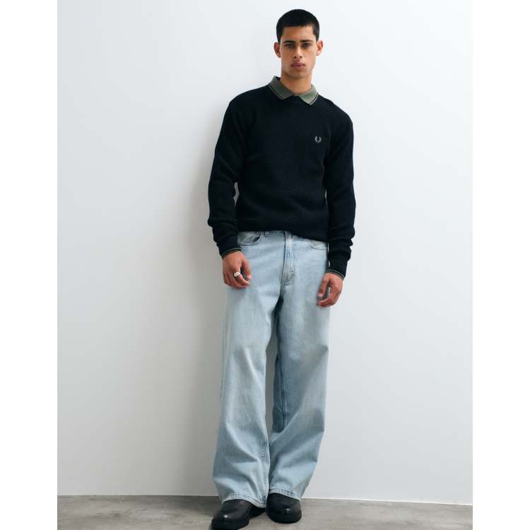 Fred Perry waffle stitch jumper in black | ASOS