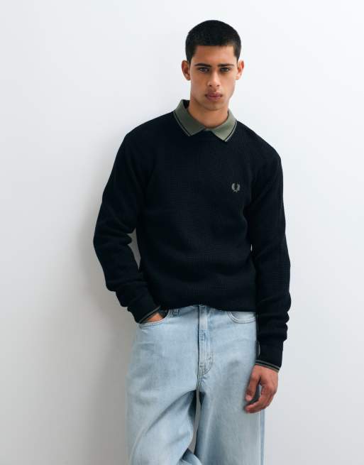 Fred Perry waffle stitch jumper in black, 2 of 5
