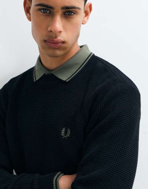 Fred Perry waffle stitch jumper in black, 3 of 5