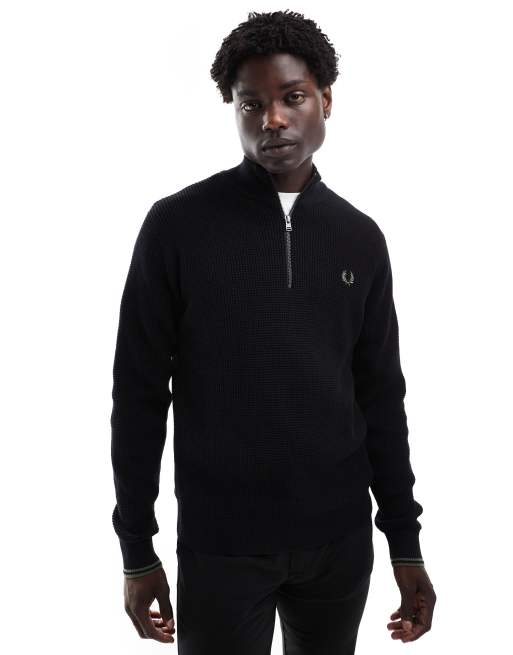 Fred Perry waffle stitch knit half zip sweater in black