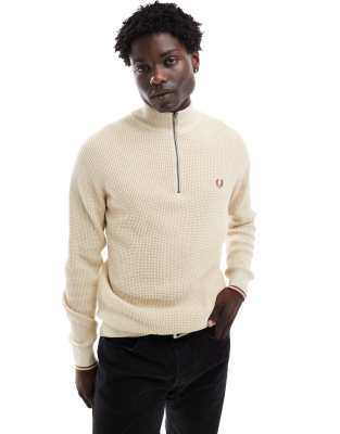 waffle stitch knit half zip sweater in light beige-Neutral