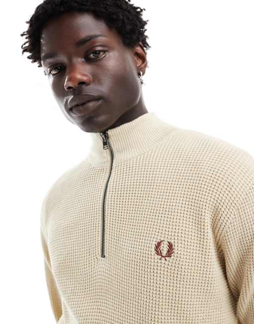 Fred Perry waffle stitch knit half zip sweater in light beige ASOS